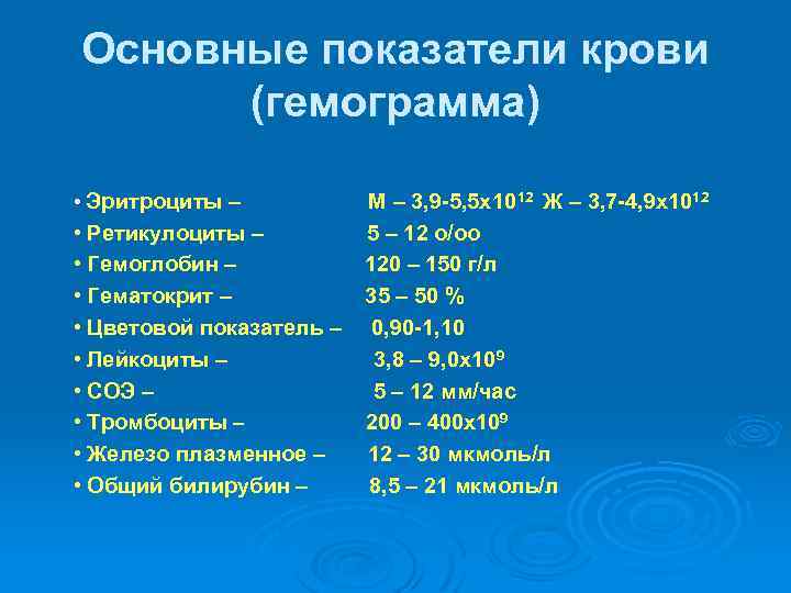 Основные показатели крови (гемограмма) • Эритроциты – М – 3, 9 -5, 5 х10