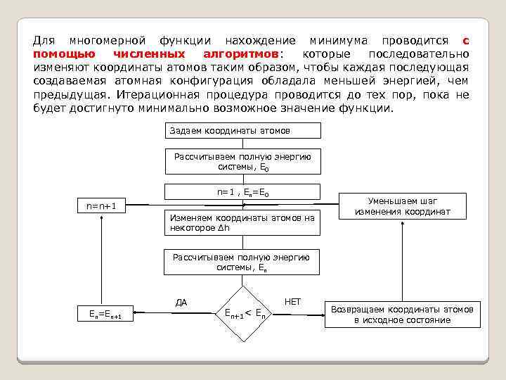 Для многомерной функции нахождение минимума проводится с помощью численных алгоритмов: которые последовательно изменяют координаты