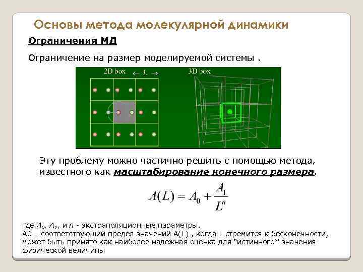 Основы метода молекулярной динамики Ограничения МД Ограничение на размер моделируемой системы. Эту проблему можно