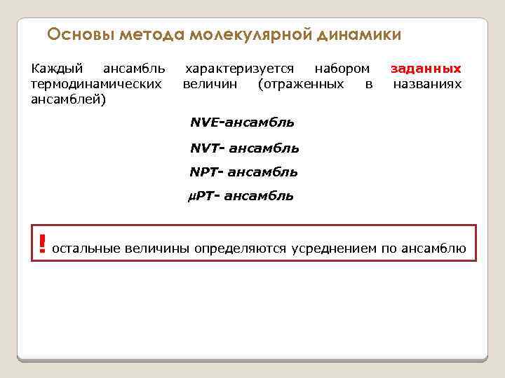 Основы метода молекулярной динамики Каждый ансамбль термодинамических ансамблей) характеризуется набором величин (отраженных в заданных
