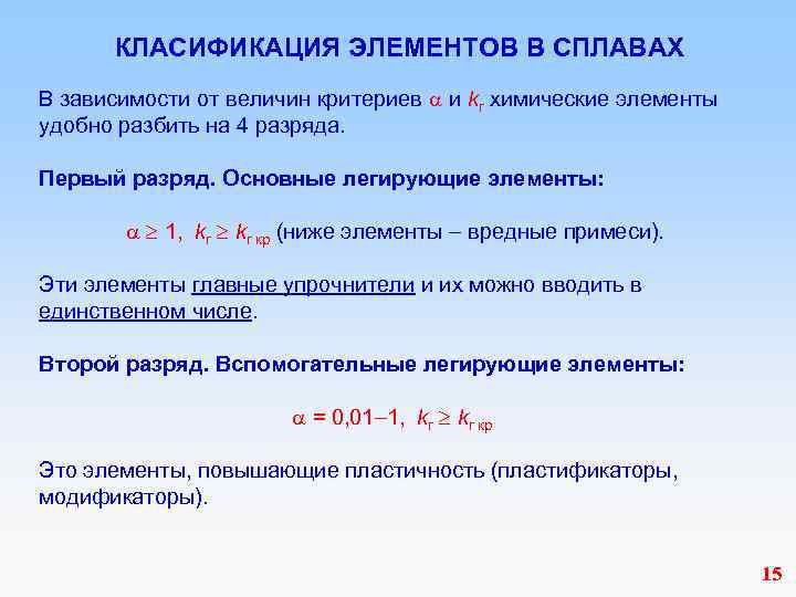 КЛАСИФИКАЦИЯ ЭЛЕМЕНТОВ В СПЛАВАХ В зависимости от величин критериев и kr химические элементы удобно