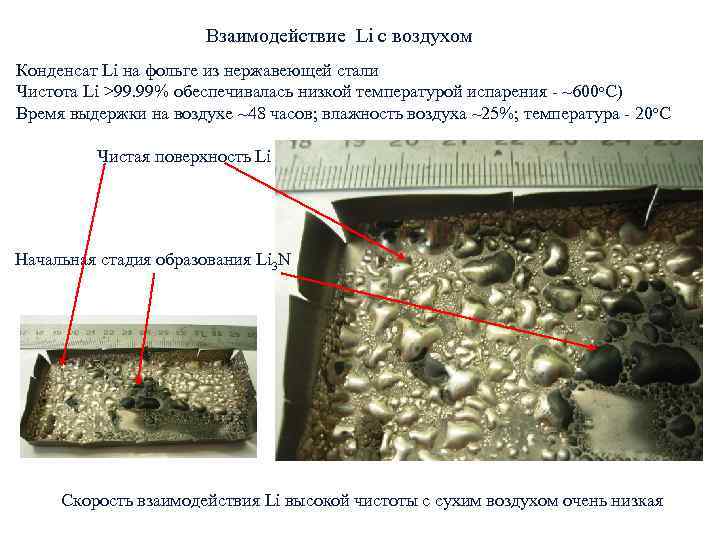 Взаимодействие Li с воздухом Конденсат Li на фольге из нержавеющей стали Чистота Li >99.