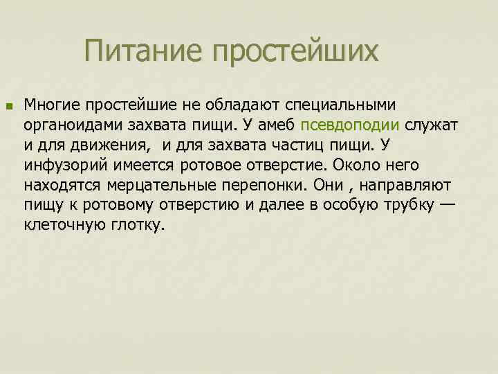 Питание простейших n Многие простейшие не обладают специальными органоидами захвата пищи. У амеб псевдоподии