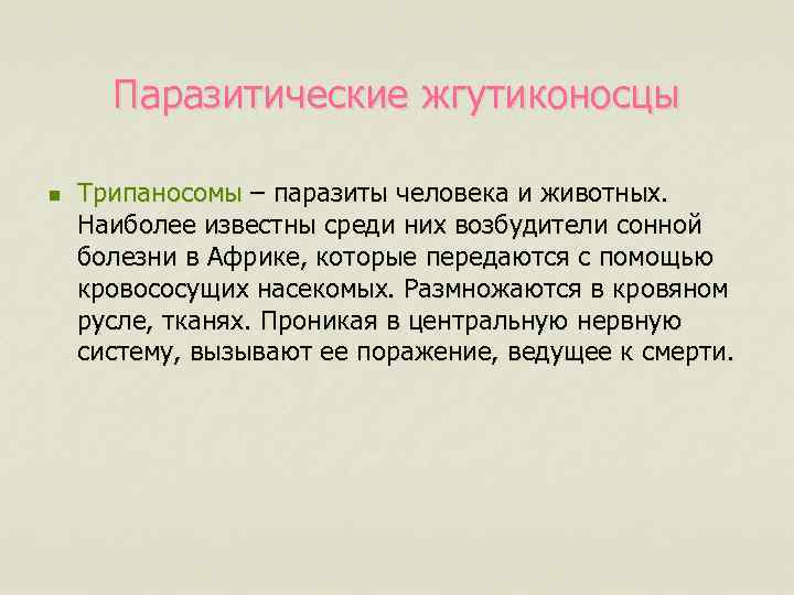 Паразитические жгутиконосцы n Трипаносомы – паразиты человека и животных. Наиболее известны среди них возбудители