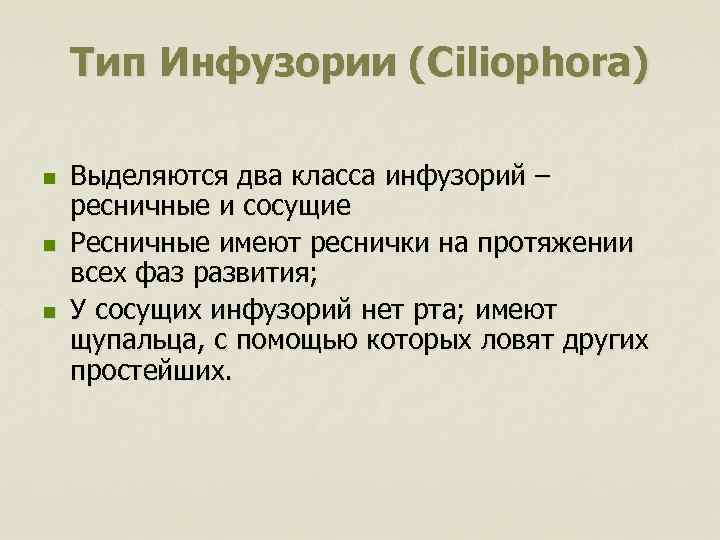 Тип Инфузории (Ciliophora) n n n Выделяются два класса инфузорий – ресничные и сосущие