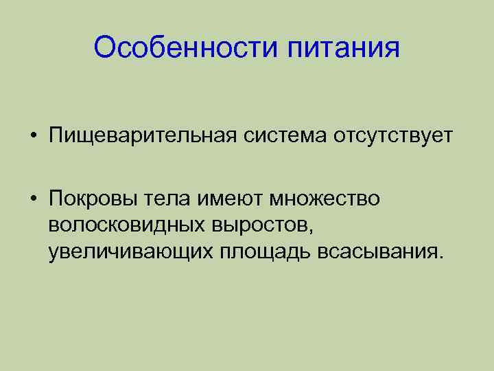 Особенности питания • Пищеварительная система отсутствует • Покровы тела имеют множество волосковидных выростов, увеличивающих