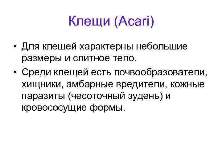 Клещи (Acari) • Для клещей характерны небольшие размеры и слитное тело. • Среди клещей