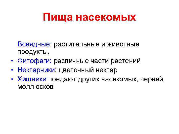 Пища насекомых Всеядные: растительные и животные продукты. • Фитофаги: различные части растений • Нектарники: