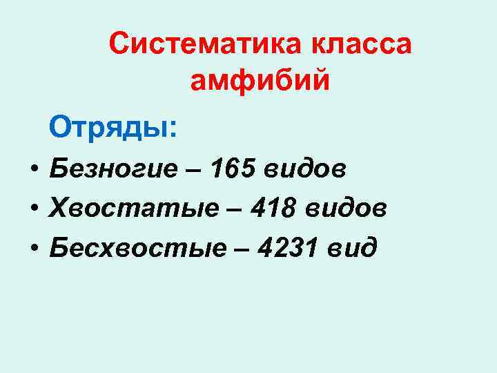 Систематика класса амфибий Отряды: • Безногие – 165 видов • Хвостатые – 418 видов