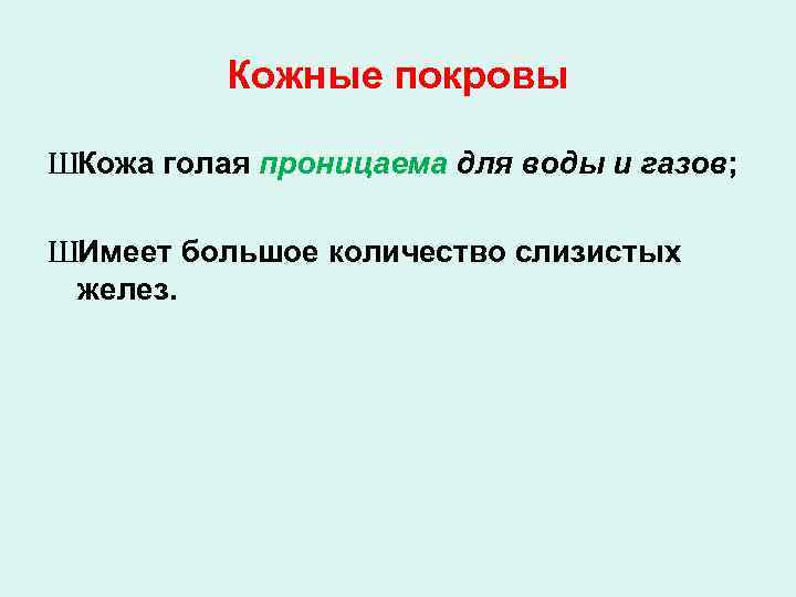 Кожные покровы ШКожа голая проницаема для воды и газов; ШИмеет большое количество слизистых желез.