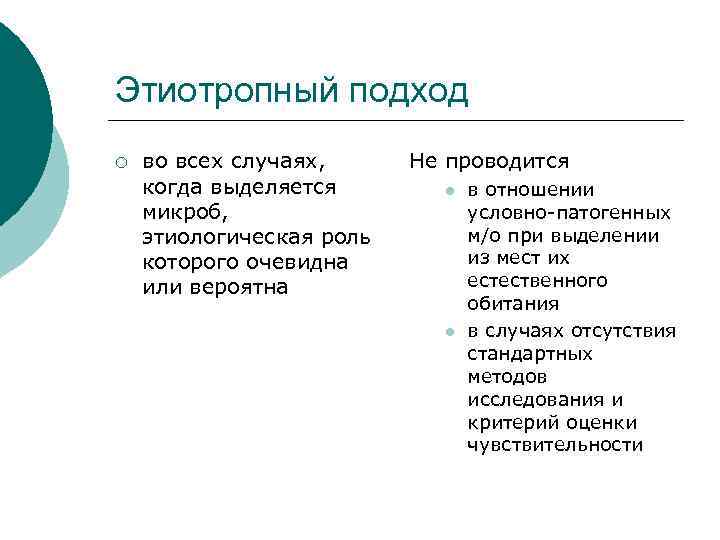 Этиотропный подход ¡ во всех случаях, когда выделяется микроб, этиологическая роль которого очевидна или