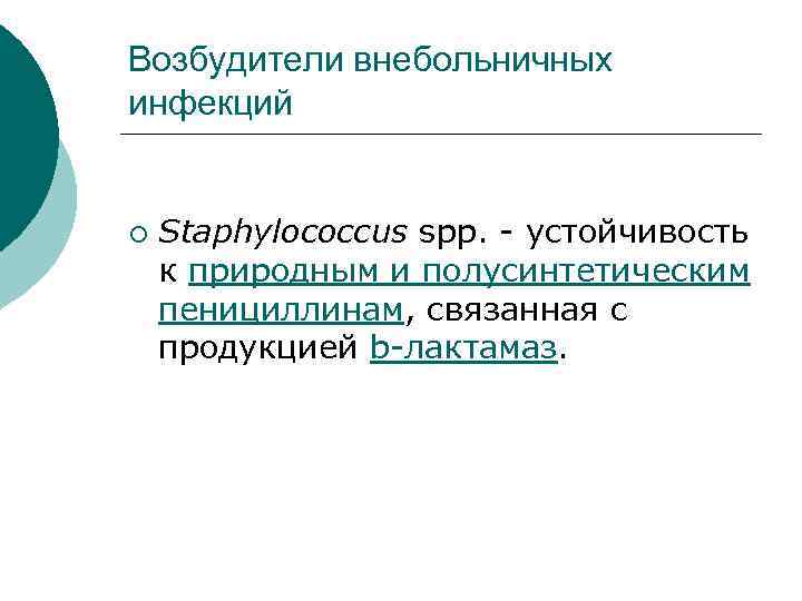 Возбудители внебольничных инфекций ¡ Staphylococcus spp. - устойчивость к природным и полусинтетическим пенициллинам, связанная