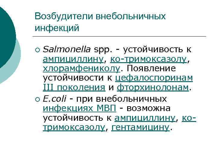 Возбудители внебольничных инфекций Salmonella spp. - устойчивость к ампициллину, ко-тримоксазолу, хлорамфениколу. Появление устойчивости к