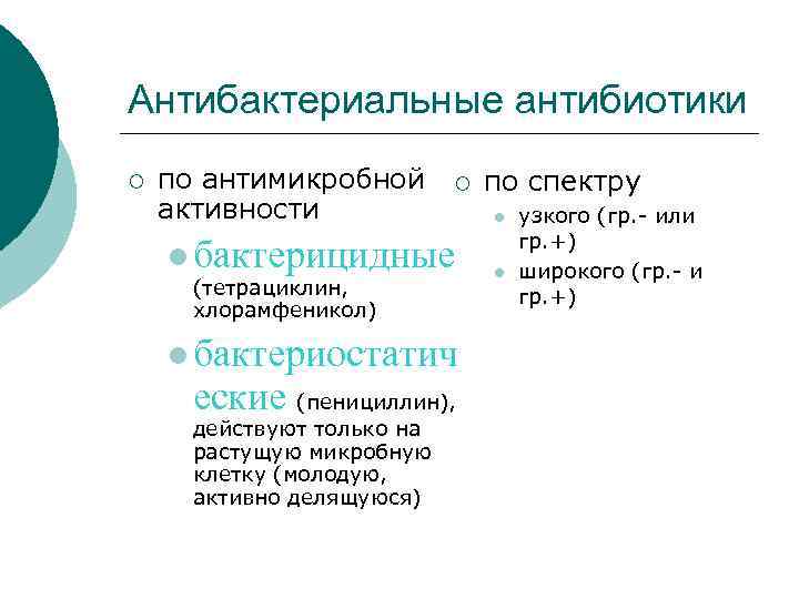 Антибактериальные антибиотики ¡ по антимикробной активности ¡ l бактерицидные (тетрациклин, хлорамфеникол) l бактериостатич еские