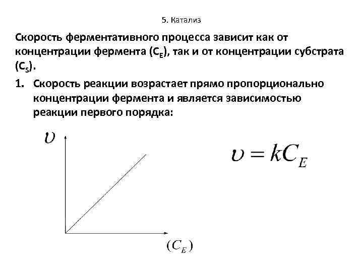 5. Катализ Скорость ферментативного процесса зависит как от концентрации фермента (СЕ), так и от