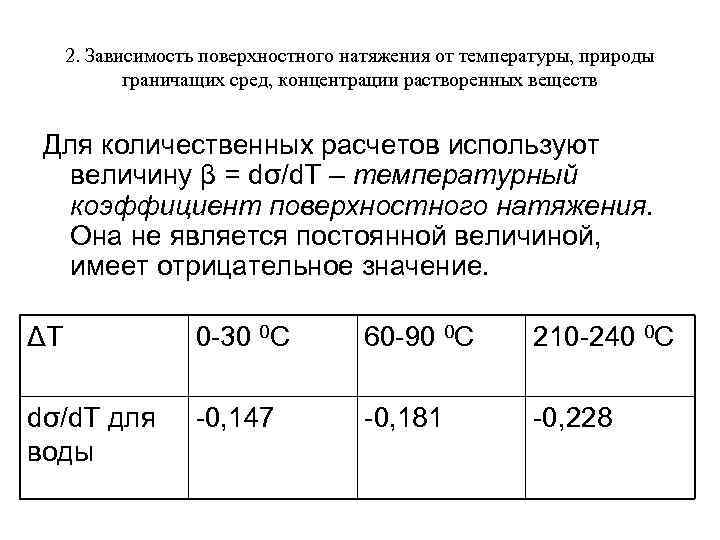 2. Зависимость поверхностного натяжения от температуры, природы граничащих сред, концентрации растворенных веществ Для количественных