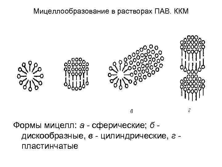 Мицеллообразование в растворах ПАВ. ККМ Формы мицелл: а - сферические; б дискообразные, в -