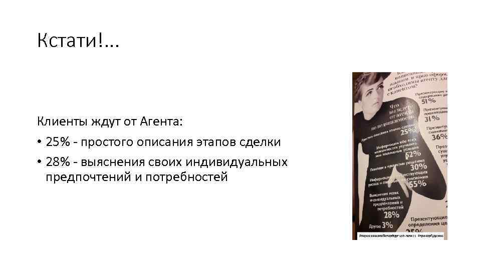 Кстати!. . . Клиенты ждут от Агента: • 25% - простого описания этапов сделки