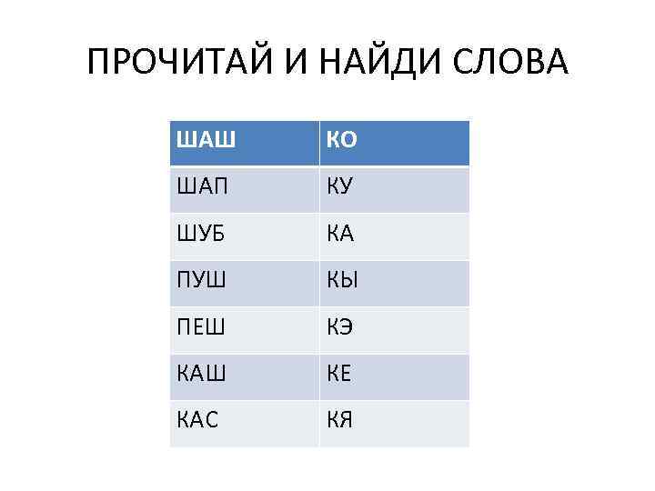 ПРОЧИТАЙ И НАЙДИ СЛОВА ШАШ КО ШАП КУ ШУБ КА ПУШ КЫ ПЕШ КЭ