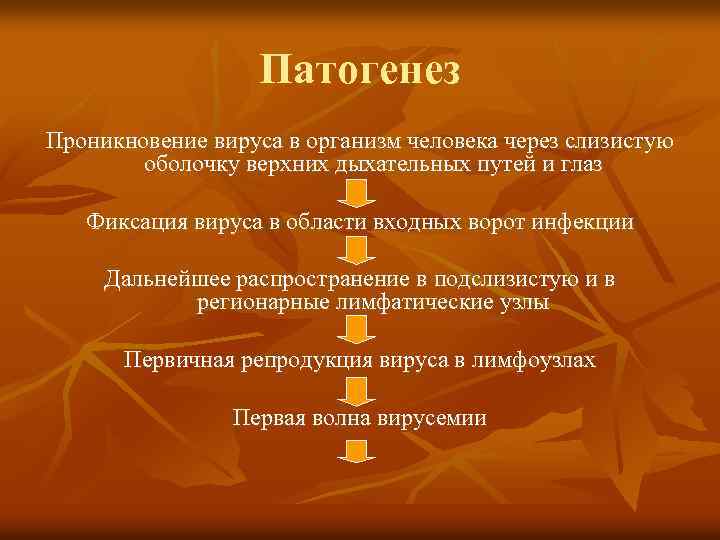 Патогенез Проникновение вируса в организм человека через слизистую оболочку верхних дыхательных путей и глаз