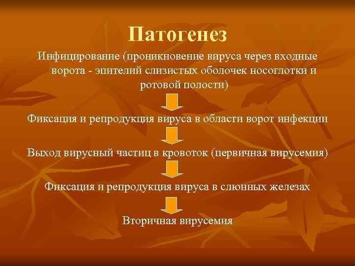 Патогенез Инфицирование (проникновение вируса через входные ворота - эпителий слизистых оболочек носоглотки и ротовой