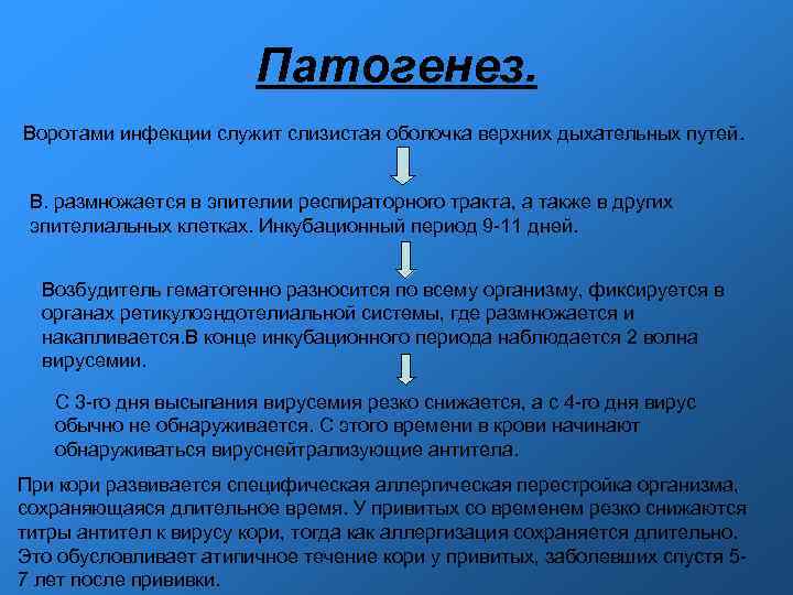 Патогенез. Воротами инфекции служит слизистая оболочка верхних дыхательных путей. В. размножается в эпителии респираторного