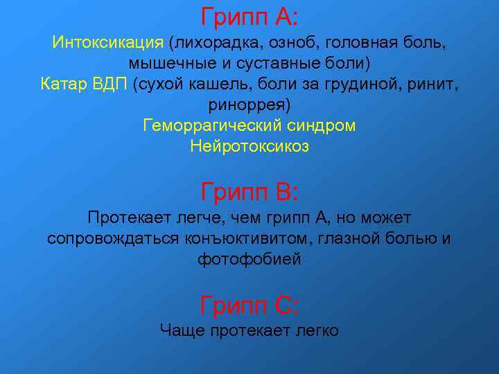 Грипп А: Интоксикация (лихорадка, озноб, головная боль, мышечные и суставные боли) Катар ВДП (сухой