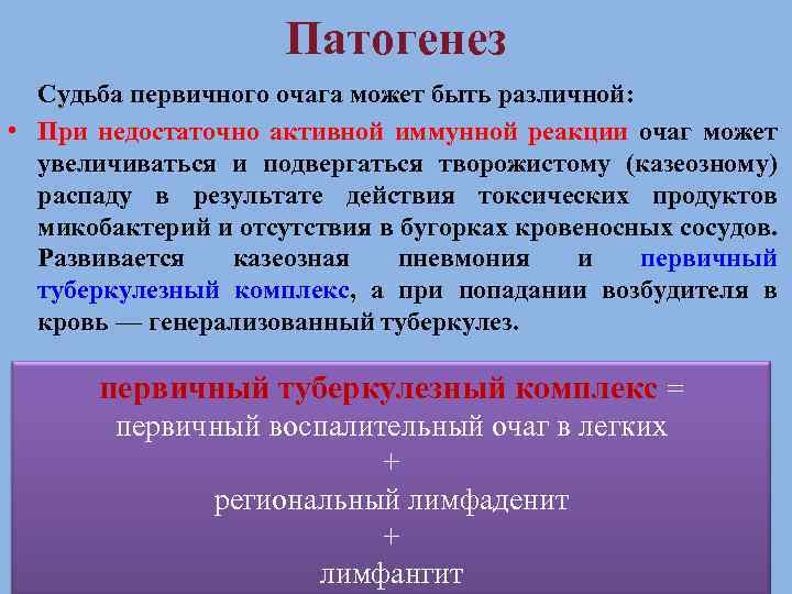 Патогенез Судьба первичного очага может быть различной: • При недостаточно активной иммунной реакции очаг