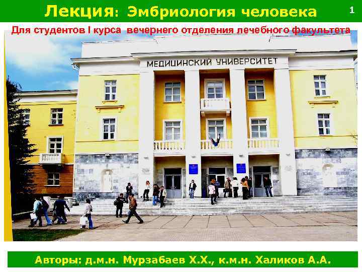 Лекция: Эмбриология человека 1 Для студентов I курса вечернего отделения лечебного факультета Авторы: д.