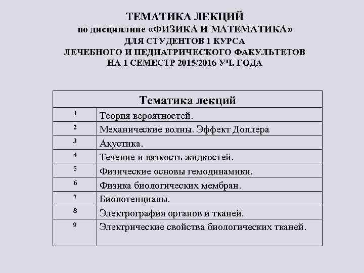 ТЕМАТИКА ЛЕКЦИЙ по дисциплине «ФИЗИКА И МАТЕМАТИКА» ДЛЯ СТУДЕНТОВ 1 КУРСА ЛЕЧЕБНОГО И ПЕДИАТРИЧЕСКОГО