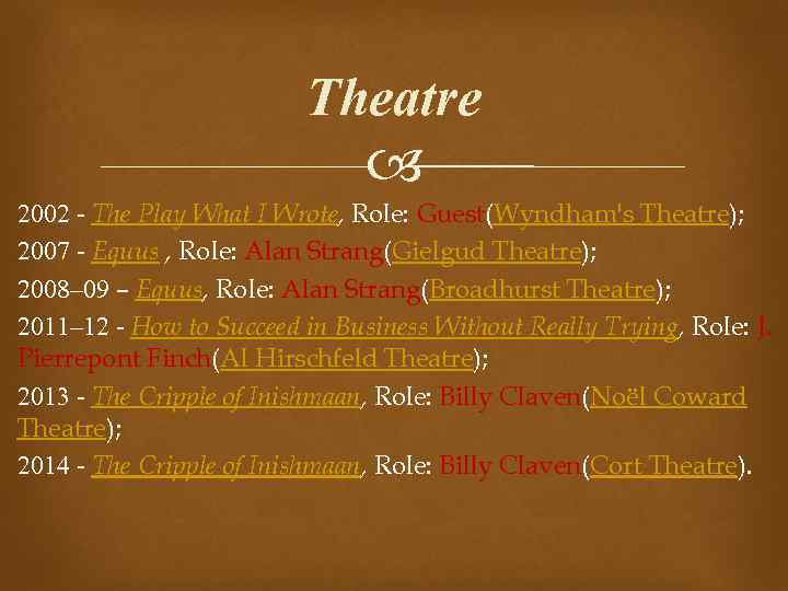 Theatre 2002 - The Play What I Wrote, Role: Guest(Wyndham's Theatre); 2007 - Equus