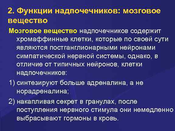 2. Функции надпочечников: мозговое вещество Мозговое вещество надпочечников содержит хромаффинные клетки, которые по своей
