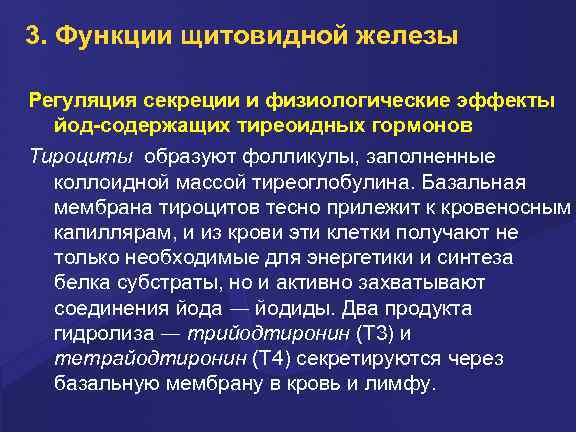 3. Функции щитовидной железы Регуляция секреции и физиологические эффекты йод-содержащих тиреоидных гормонов Тироциты образуют