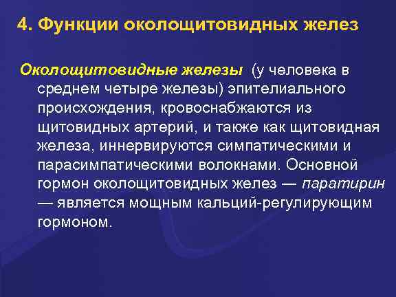 4. Функции околощитовидных желез Околощитовидные железы (у человека в среднем четыре железы) эпителиального происхождения,