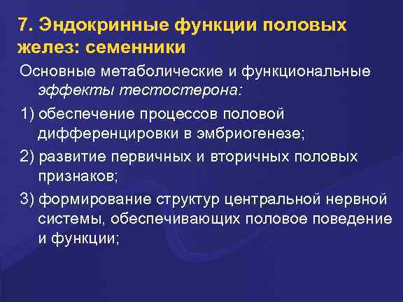 7. Эндокринные функции половых желез: семенники Основные метаболические и функциональные эффекты тестостерона: 1) обеспечение