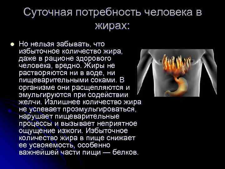Суточная потребность человека в жирах: l Но нельзя забывать, что избыточное количество жира, даже