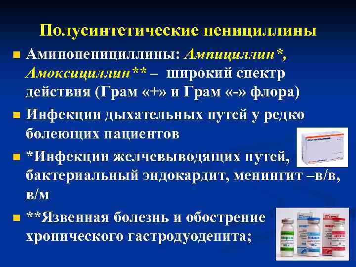 Полусинтетические пенициллины n n Аминопенициллины: Ампициллин*, Амоксициллин** – широкий спектр действия (Грам «+» и