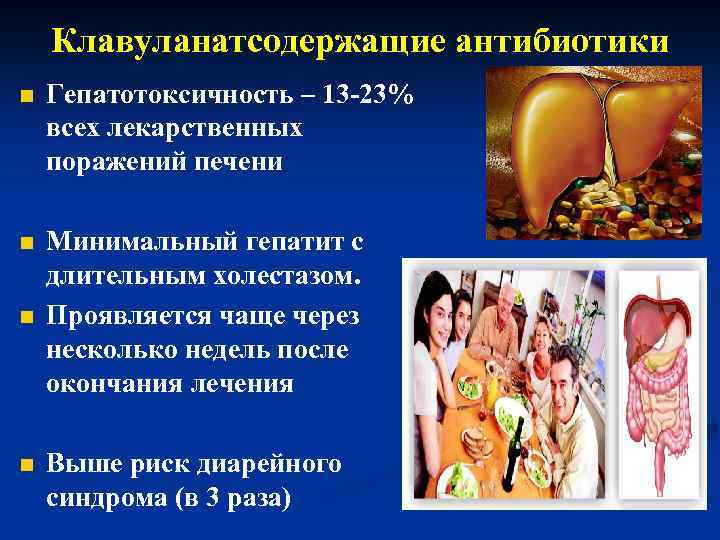 Клавуланатсодержащие антибиотики n Гепатотоксичность – 13 -23% всех лекарственных поражений печени n Минимальный гепатит