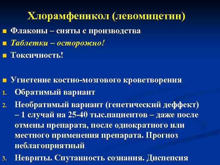 Хлорамфеникол (левомицетин) n n 1. 2. 3. Флаконы – сняты с производства Таблетки –