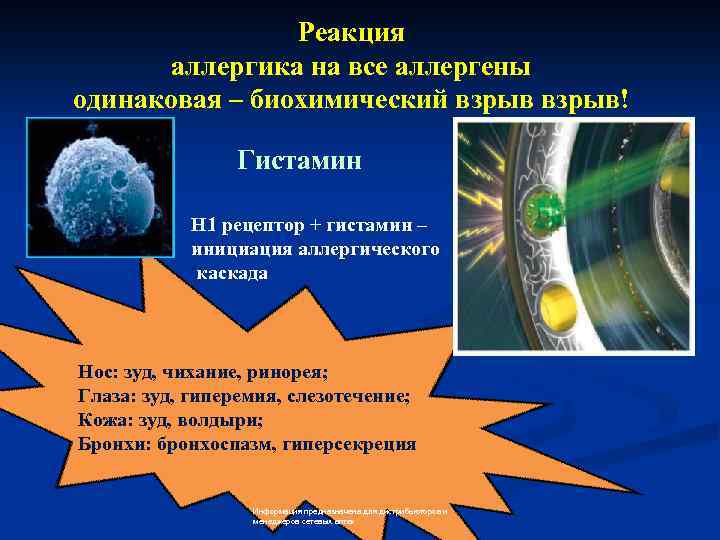 Реакция аллергика на все аллергены одинаковая – биохимический взрыв! Гистамин Н 1 рецептор +