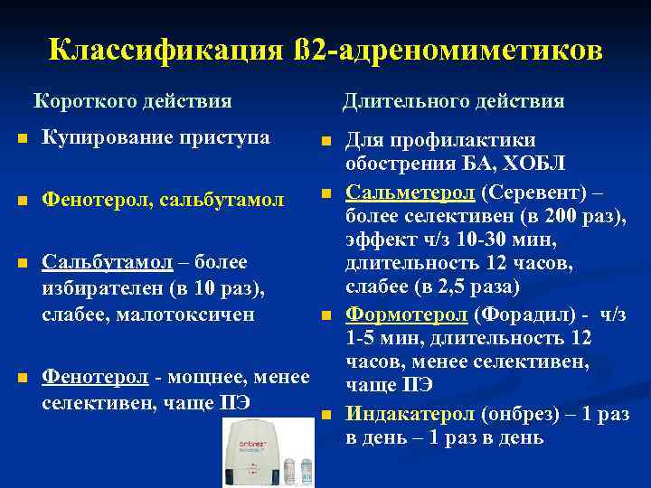 Классификация ß 2 -адреномиметиков Короткого действия Длительного действия n Купирование приступа n n Фенотерол,