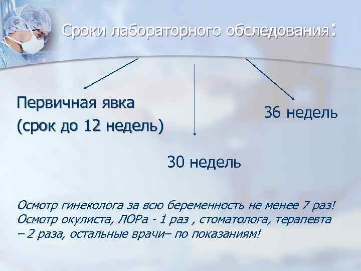 Сроки лабораторного обследования: Первичная явка (срок до 12 недель) 36 недель 30 недель Осмотр