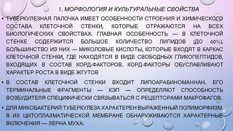 1. МОРФОЛОГИЯ И КУЛЬТУРАЛЬНЫЕ СВОЙСТВА • ТУБЕРКУЛЕЗНАЯ ПАЛОЧКА ИМЕЕТ ОСОБЕННОСТИ СТРОЕНИЯ И ХИМИЧЕСКОГО СОСТАВА