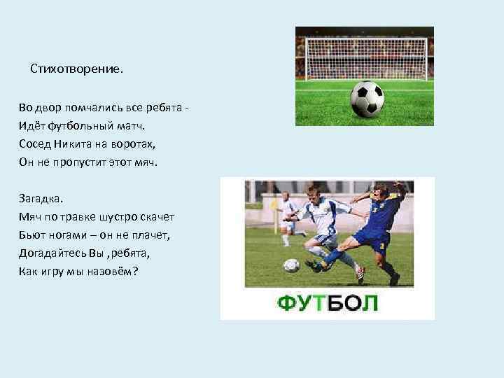 Стихотворение. Во двор помчались все ребята Идёт футбольный матч. Сосед Никита на воротах, Он