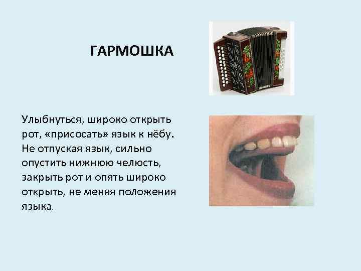 ГАРМОШКА Улыбнуться, широко открыть рот, «присосать» язык к нёбу. Не отпуская язык, сильно опустить