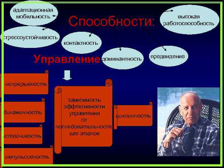 адаптационная мобильность Способности: стрессоустойчивость контактность Управление доминантность непрерывность динамичность устойчивость импульсивность высокая работоспособность зависимость