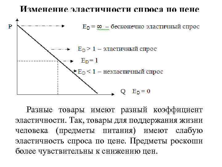 Изменение эластичности спроса по цене Разные товары имеют разный коэффициент эластичности. Так, товары для