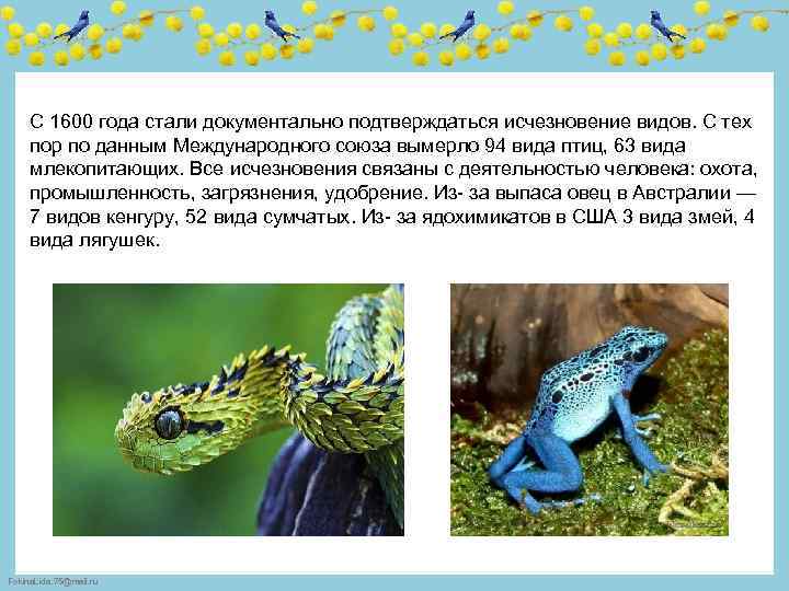 С 1600 года стали документально подтверждаться исчезновение видов. С тех пор по данным Международного