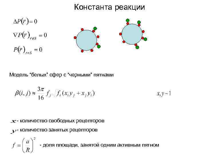 Константа реакции Модель “белых” сфер с “черными” пятнами - количество свободных рецепторов - количество