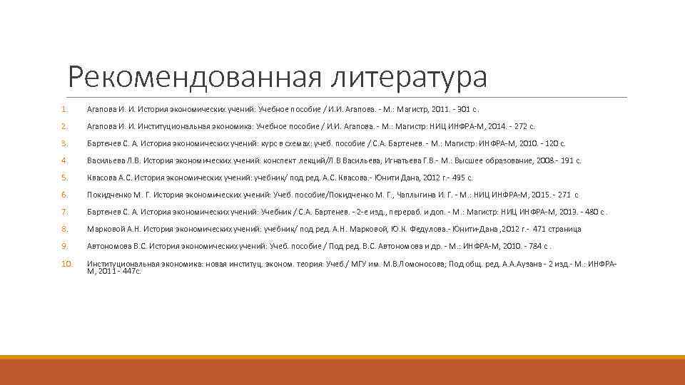 Рекомендованная литература 1. Агапова И. И. История экономических учений: Учебное пособие / И. И.